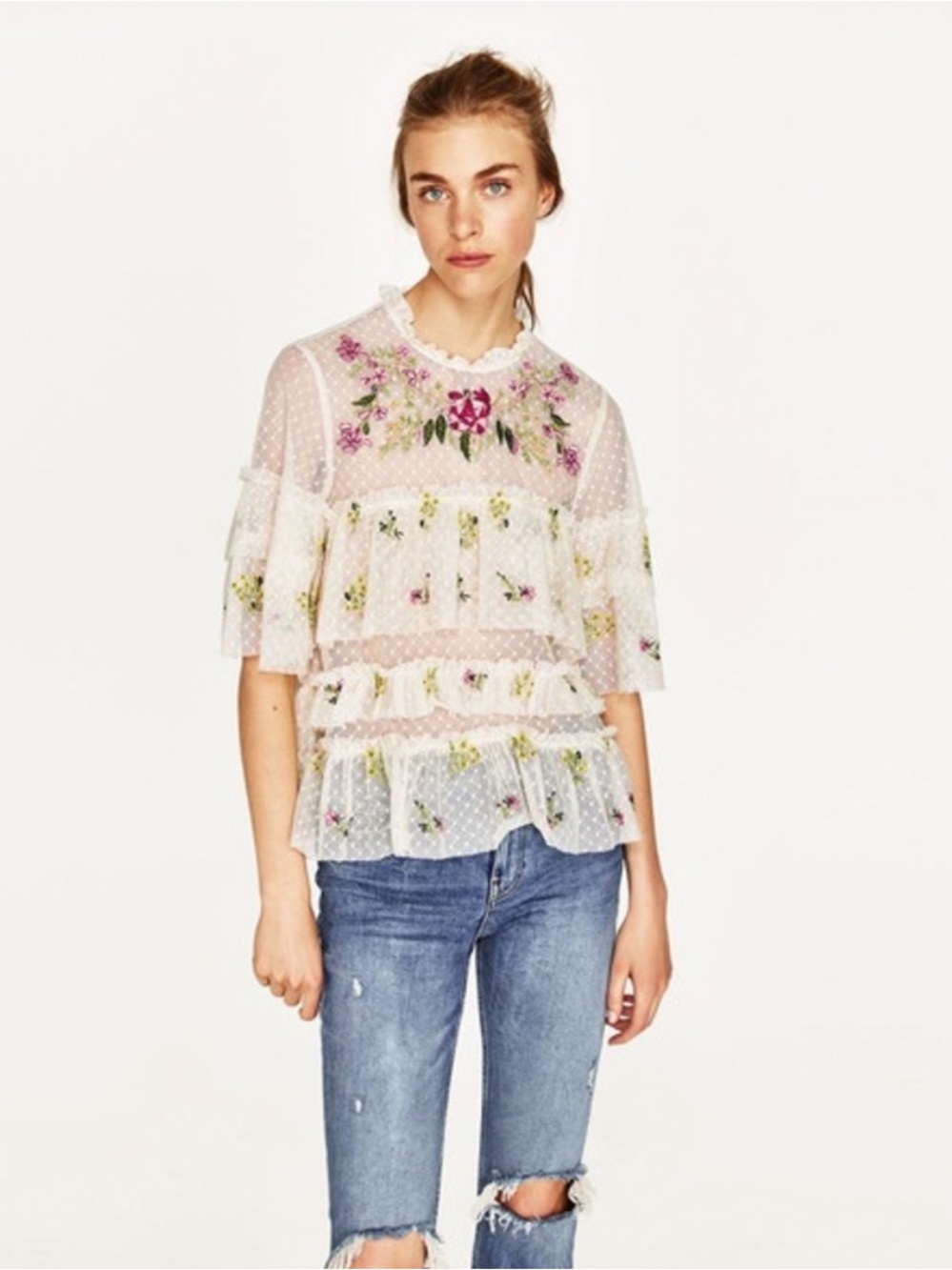 Zara White Sheer Lace Tulle Blouse with Floral Embroidery and Ruffles